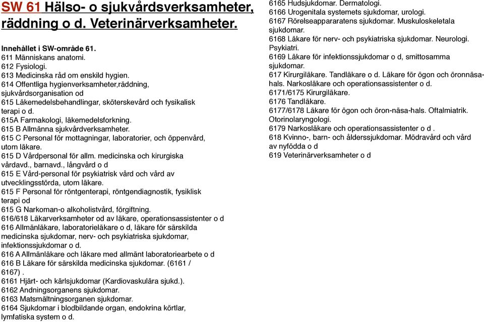 615 B Allmänna sjukvårdverksamheter. 615 C Personal för mottagningar, laboratorier, och öppenvård, utom läkare. 615 D Vårdpersonal för allm. medicinska och kirurgiska vårdavd., barnavd.