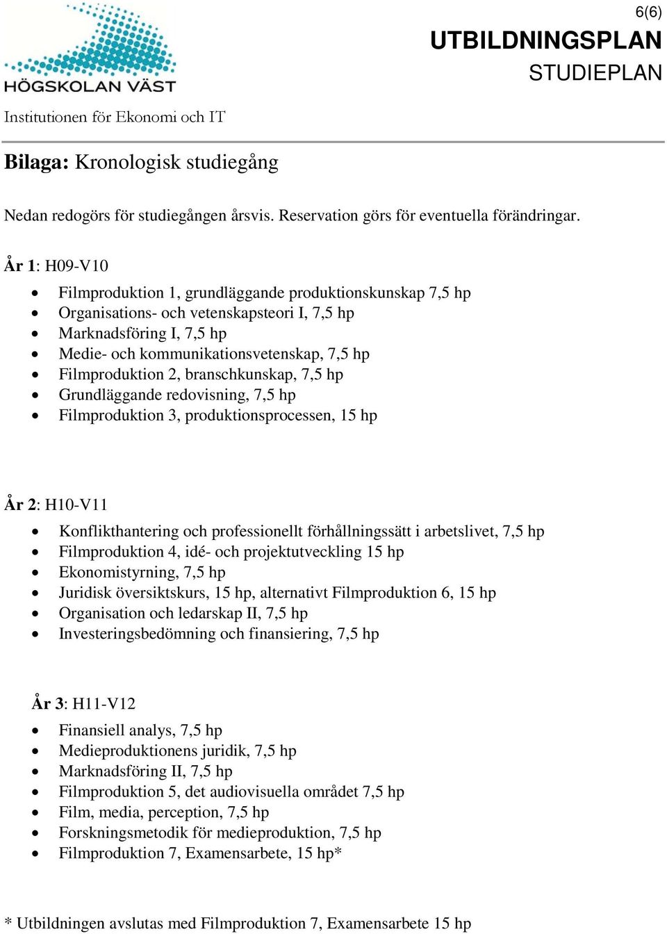 2, branschkunskap, 7,5 hp Grundläggande redovisning, 7,5 hp Filmproduktion 3, produktionsprocessen, 15 hp År 2: H10-V11 Konflikthantering och professionellt förhållningssätt i arbetslivet, 7,5 hp