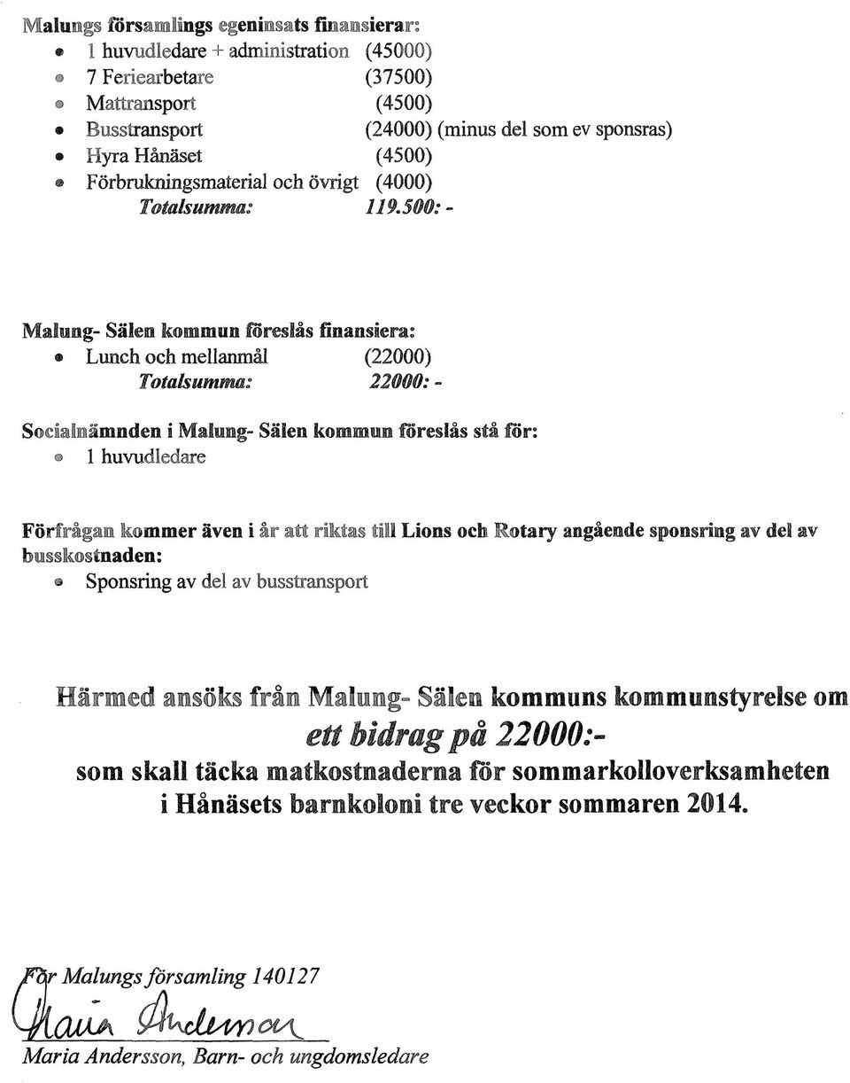 500: - Malung- Sälen kommun foreslås finansiera: Lunch och mellanmål Totalsumma: (22000) 22000:- Socialnämnden i Malung- Sälen kommun foreslås stå for: 1 huvudledare Förfrågan kommer även i år att