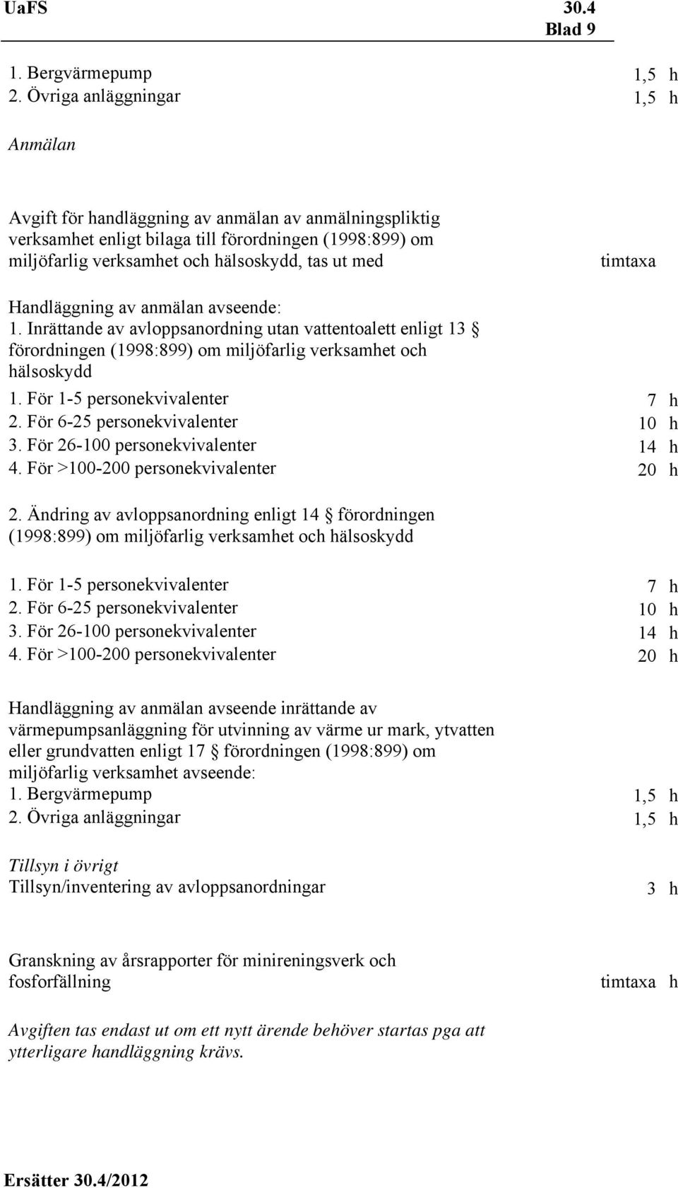 timtaxa Handläggning av anmälan avseende: 1. Inrättande av avloppsanordning utan vattentoalett enligt 13 förordningen (1998:899) om miljöfarlig verksamhet och hälsoskydd 1.