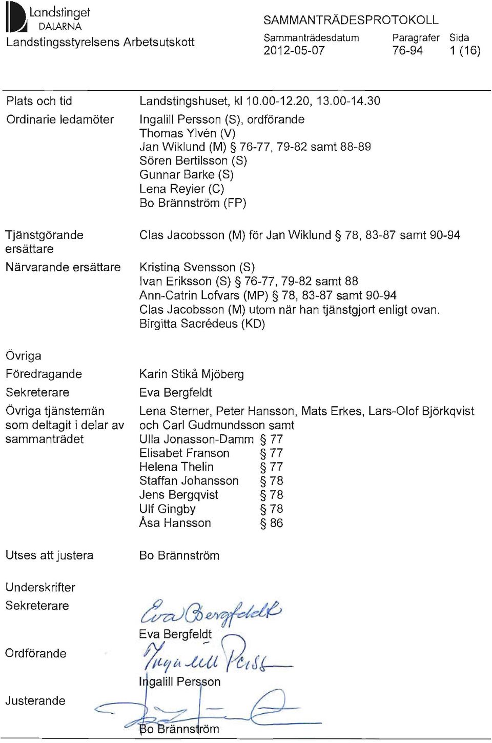 30 Ingalill Persson (S), ordförande Thomas Ylven (V) Jan Wiklund (M) 76-77,79-82 samt 88-89 Sören Bertilsson (S) Gunnar Barke (S) Lena Reyier (C) Bo Brännström (FP) Clas Jacobsson (M) för Jan Wiklund