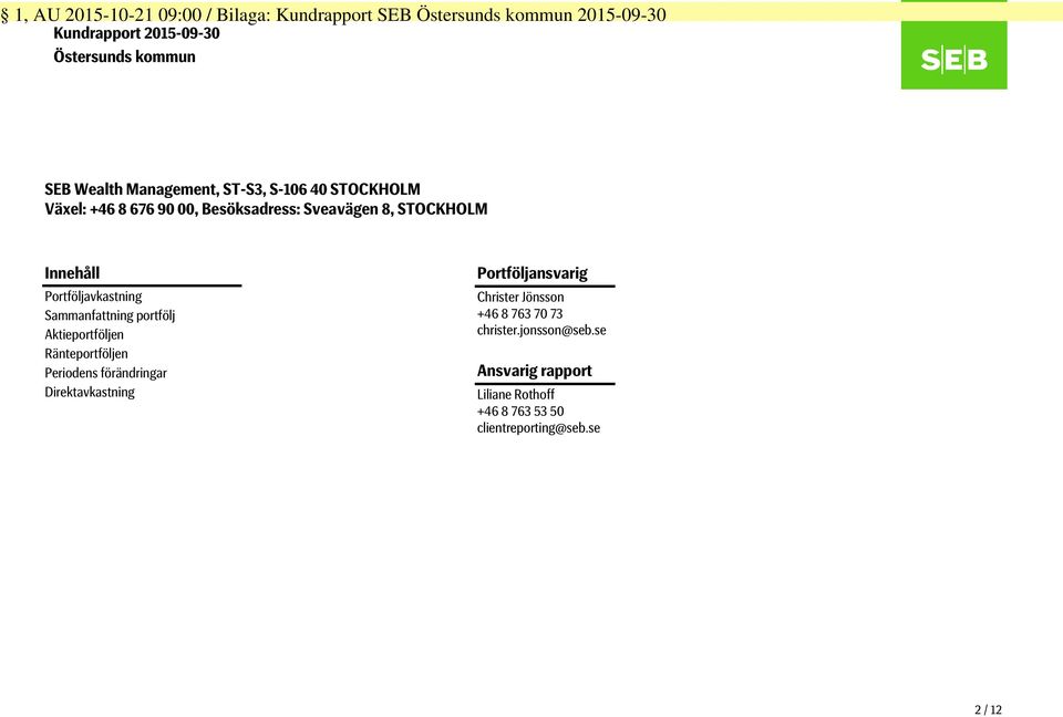 Portföljavkastning Sammanfattning portfölj Aktieportföljen Ränteportföljen Periodens förändringar Direktavkastning
