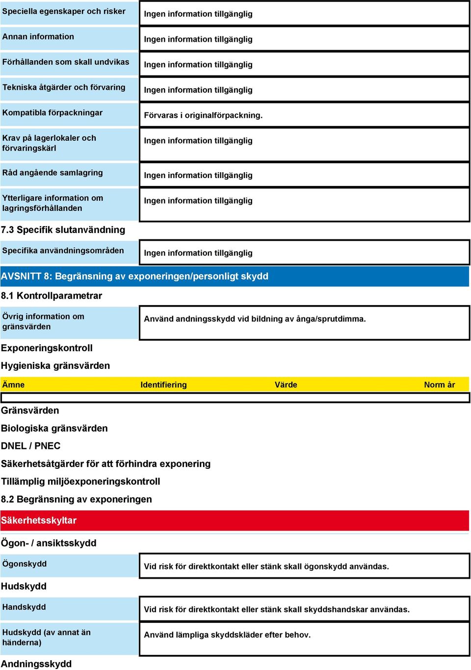 3 Specifik slutanvändning Specifika användningsområden AVSNITT 8: Begränsning av exponeringen/personligt skydd 8.