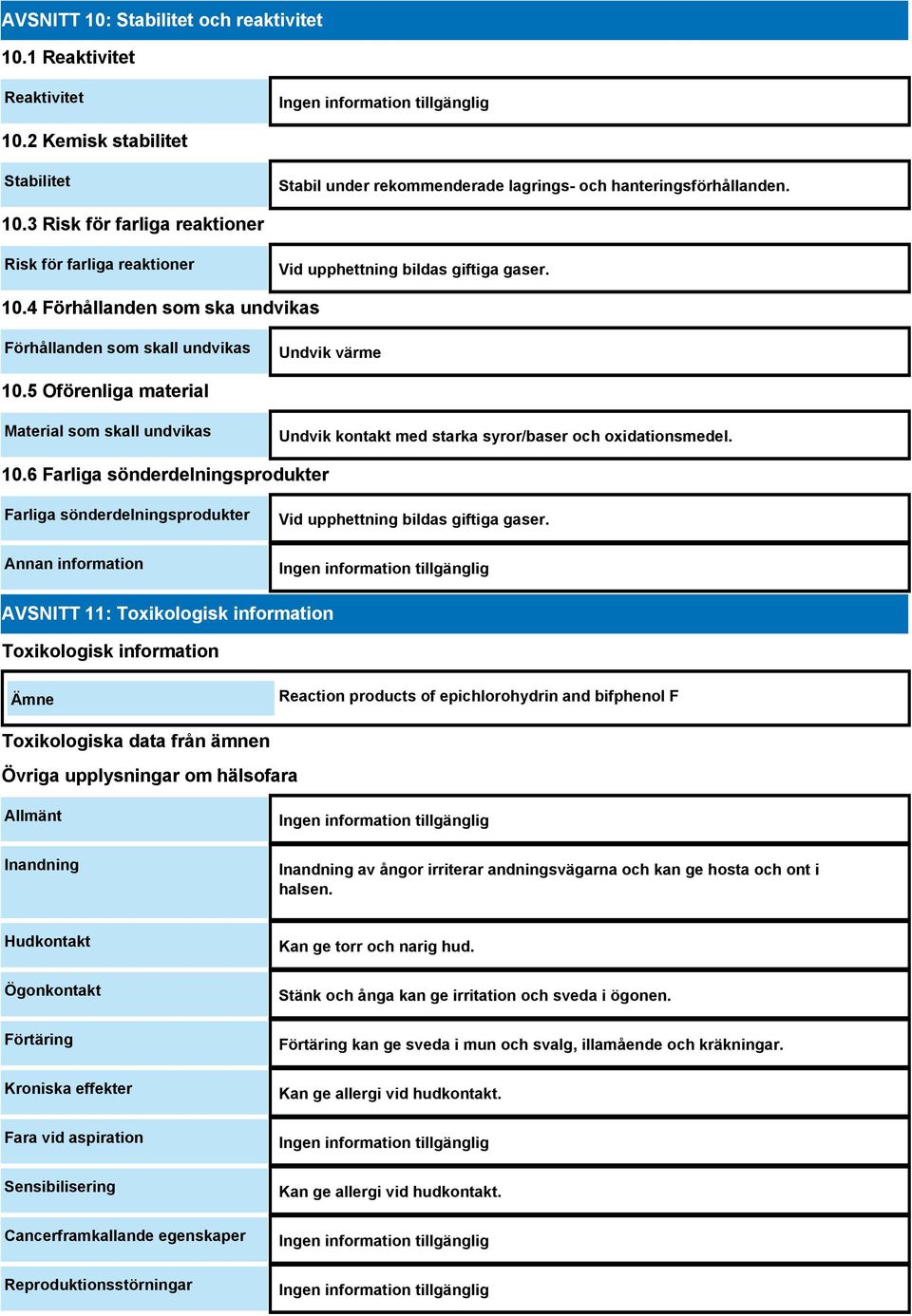 5 Oförenliga material Material som skall undvikas Undvik kontakt med starka syror/baser och oxidationsmedel. 10.