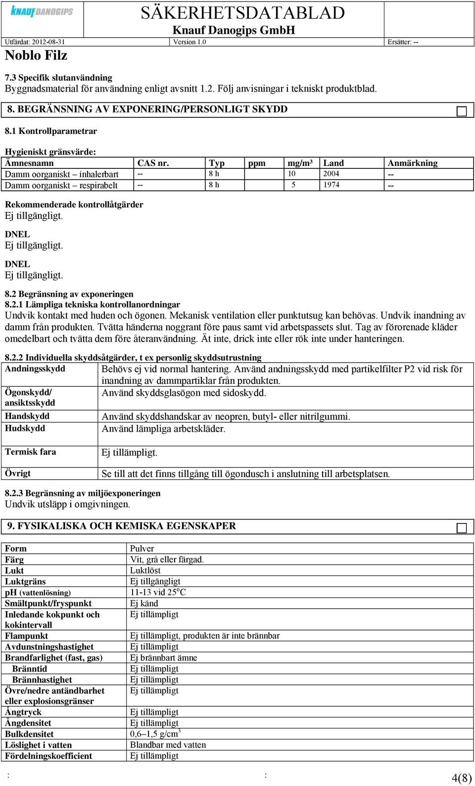 Typ ppm mg/m³ Land Anmärkning Damm oorganiskt inhalerbart -- 8 h 10 2004 -- Damm oorganiskt respirabelt -- 8 h 5 1974 -- Rekommenderade kontrollåtgärder Ej tillgängligt. DNEL Ej tillgängligt.