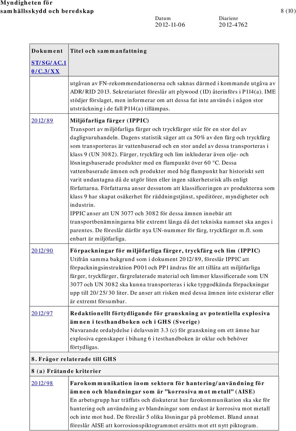 2012/89 Miljöfarliga färger (IPPIC) Transport av miljöfarliga färger och tryckfärger står för en stor del av dagligvaruhandeln.