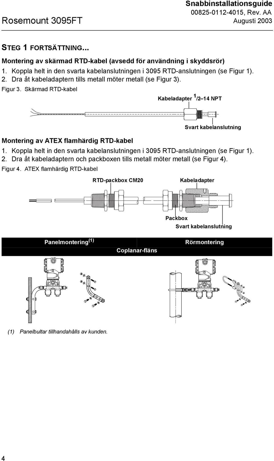 . Figur 3. Skärmad RTD-kabel Kabeladapter 1 /2 14 NPT Montering av ATEX flamhärdig RTD-kabel 1. Koppla helt in den svarta kabelanslutningen i 3095 RTD-anslutningen (se Figur 1). 2.