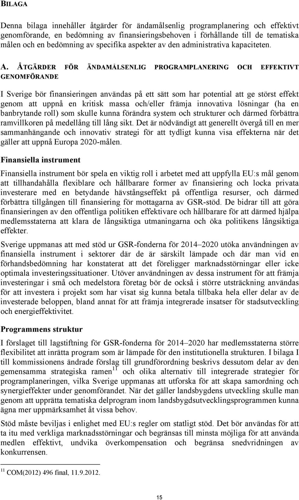 ÅTGÄRDER FÖR ÄNDAMÅLSENLIG PROGRAMPLANERING OCH EFFEKTIVT GENOMFÖRANDE I Sverige bör finansieringen användas på ett sätt som har potential att ge störst effekt genom att uppnå en kritisk massa