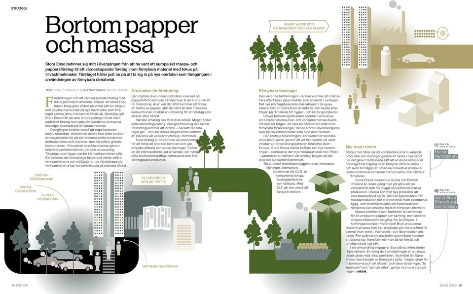 ENERGI- FÖRBRUKNING DIGITAL REVOLUTION KLIMAT- FÖRÄNDRING TEXT TIINA TUOMAINEN ILLUSTRATIONER ANTON YARKIN Förändringen mot ett värdeskapande företag med fokus på tillväxtmarknader innebär att Stora