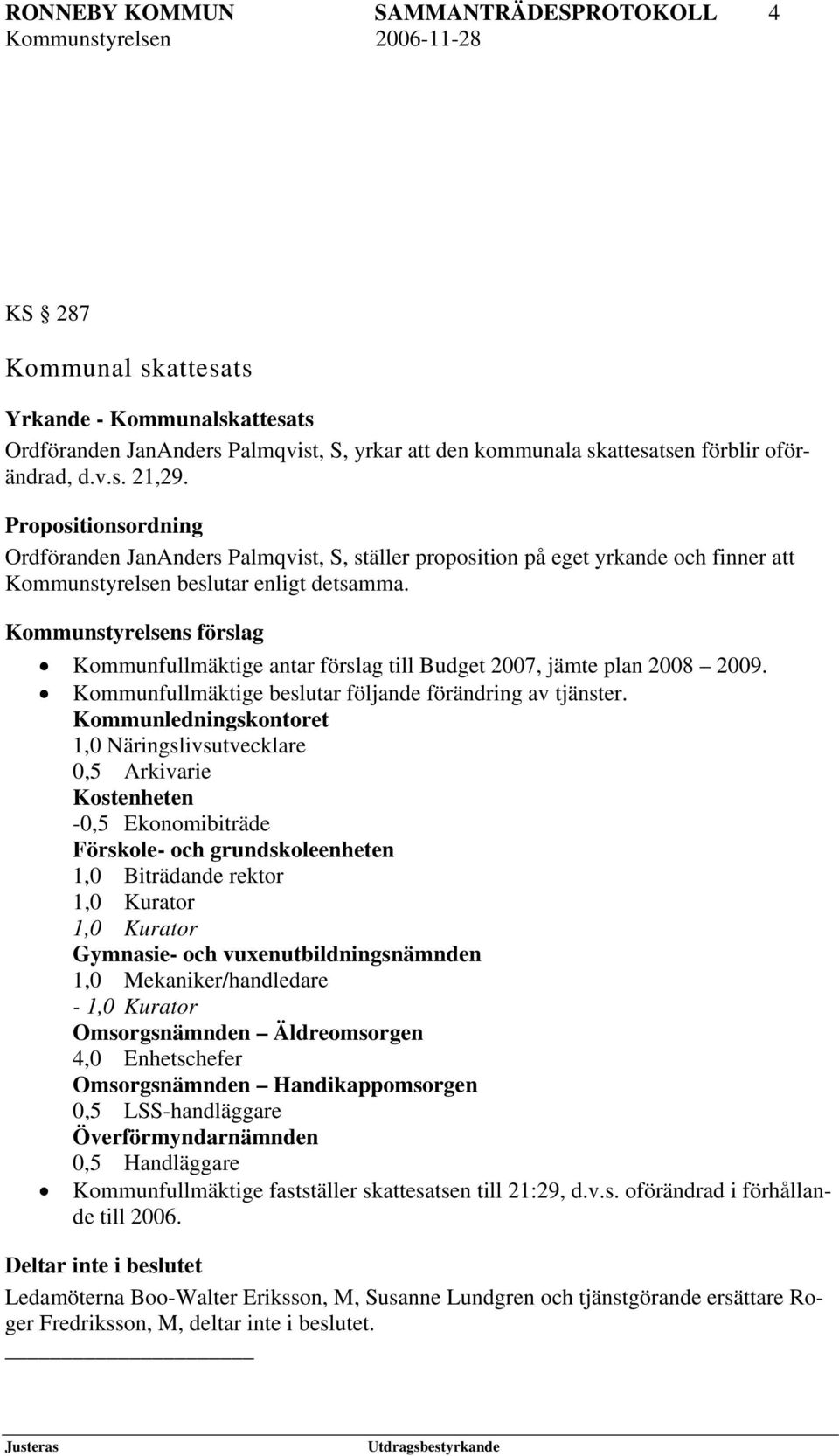 Kommunstyrelsens förslag Kommunfullmäktige antar förslag till Budget 2007, jämte plan 2008 2009. Kommunfullmäktige beslutar följande förändring av tjänster.