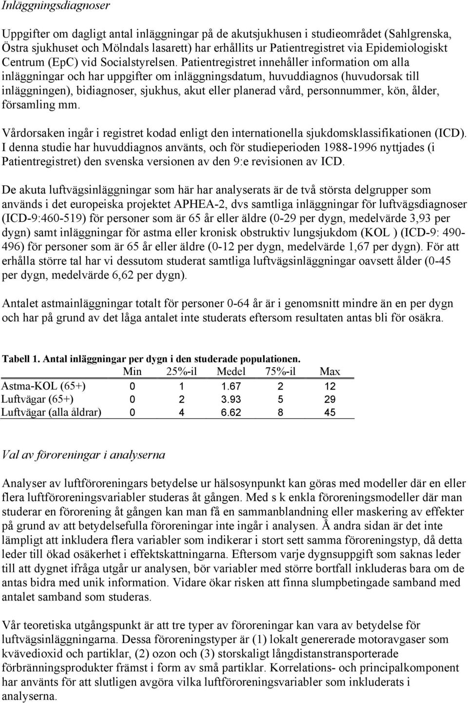 Patientregistret innehåller information om alla inläggningar och har uppgifter om inläggningsdatum, huvuddiagnos (huvudorsak till inläggningen), bidiagnoser, sjukhus, akut eller planerad vård,