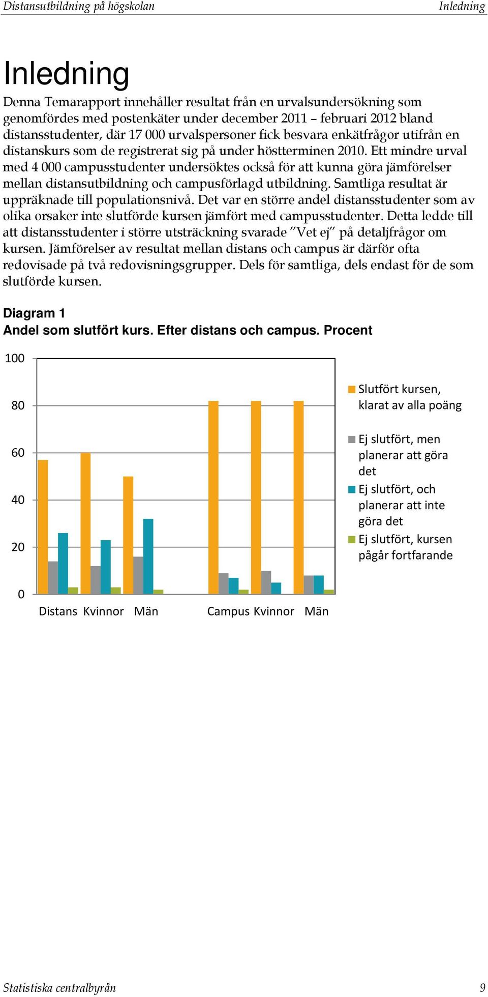 Ett mindre urval med 4 000 campusstudenter undersöktes också för att kunna göra jämförelser mellan distansutbildning och campusförlagd utbildning. Samtliga resultat är uppräknade till populationsnivå.