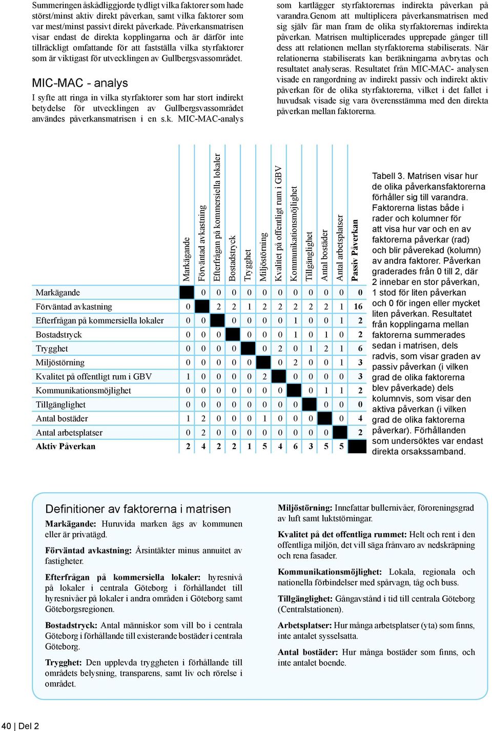 MIC-MAC - analys I syfte att ringa in vilka styrfaktorer som har stort indirekt betydelse för utvecklingen av Gullbergsvassområdet användes påverkansmatrisen i en s.k. MIC-MAC-analys som kartlägger styrfaktorernas indirekta påverkan på varandra.