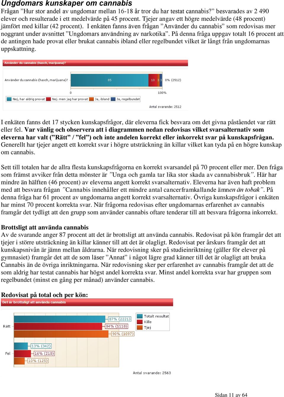 I enkäten fanns även frågan Använder du cannabis som redovisas mer noggrant under avsnittet Ungdomars användning av narkotika.