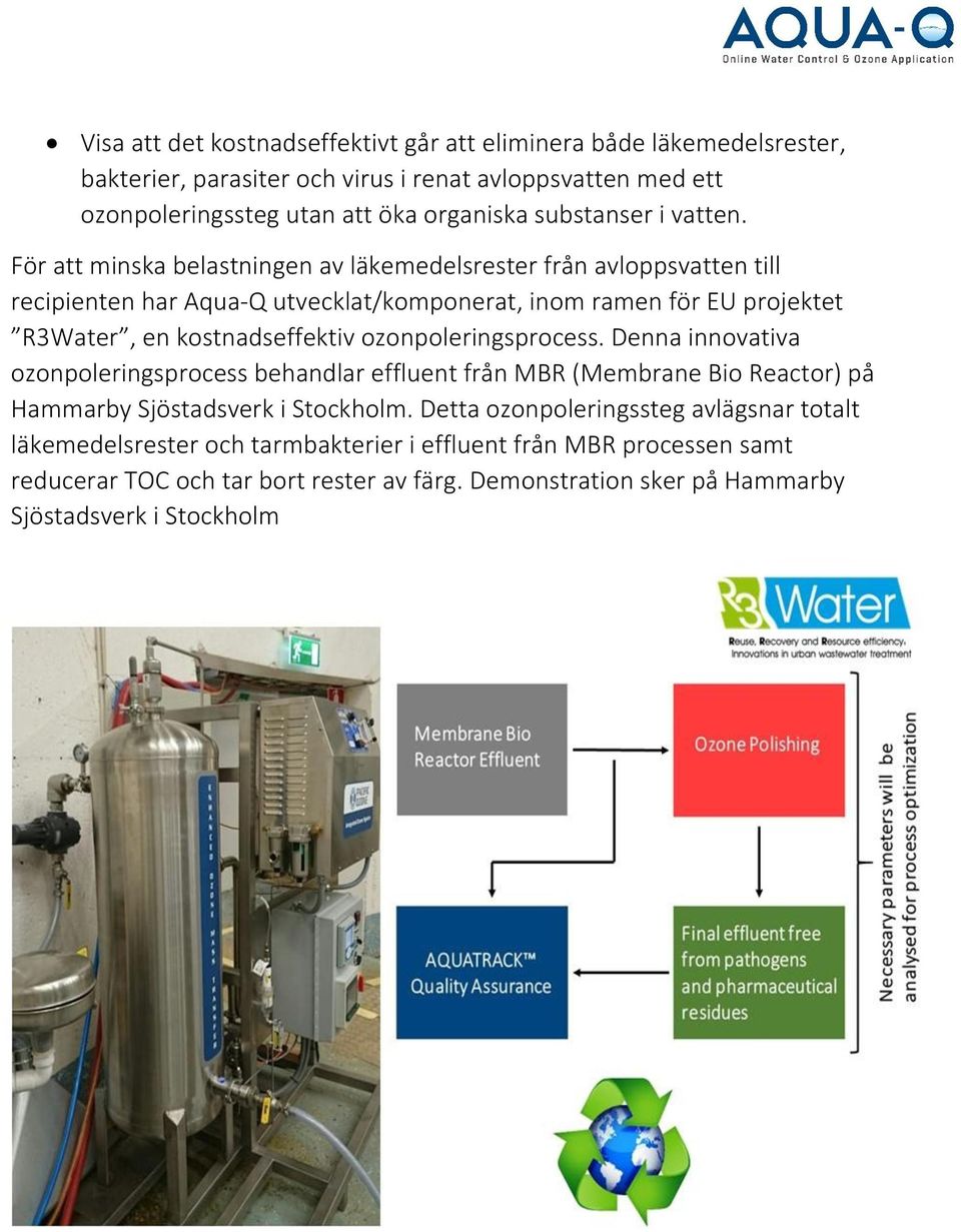 För att minska belastningen av läkemedelsrester från avloppsvatten till recipienten har Aqua-Q utvecklat/komponerat, inom ramen för EU projektet R3Water, en kostnadseffektiv
