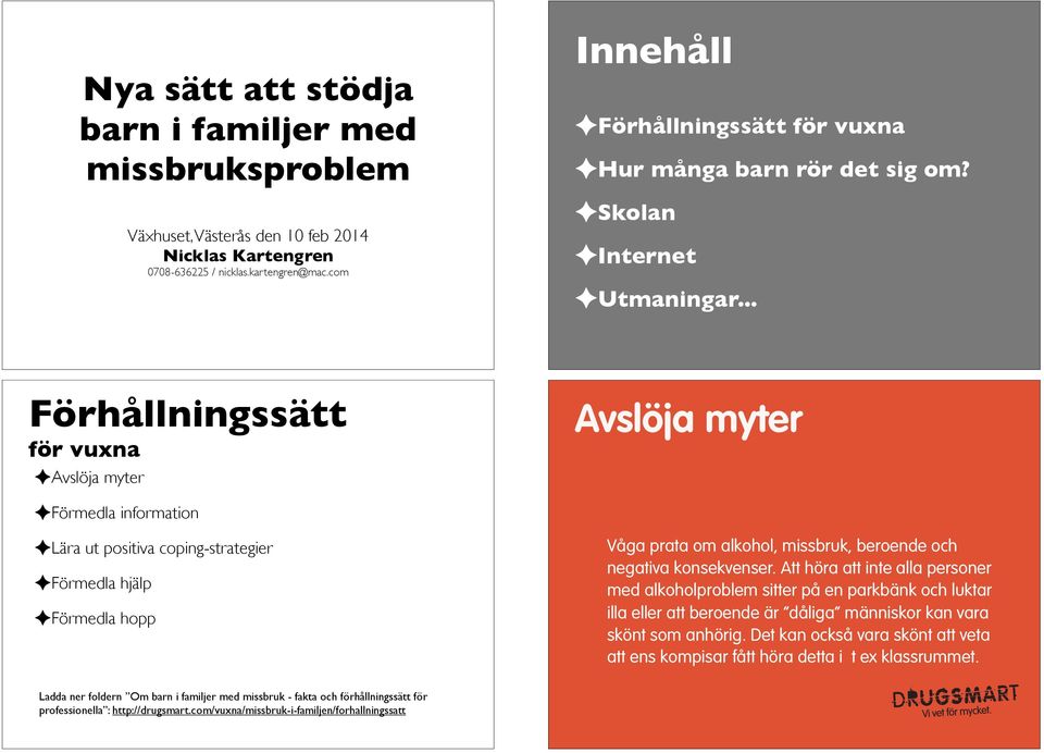 .. Förhållningssätt för vuxna Avslöja myter Avslöja myter Förmedla information Lära ut positiva coping-strategier Förmedla hjälp Förmedla hopp Våga prata om alkohol, missbruk, beroende och negativa