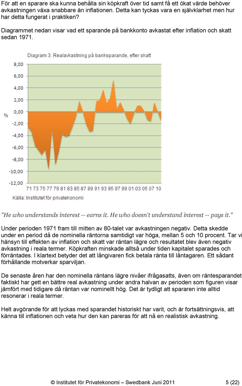 "He who understands interest -- earns it. He who doesn't understand interest -- pays it." Under perioden 1971 fram till mitten av 80-talet var avkastningen negativ.