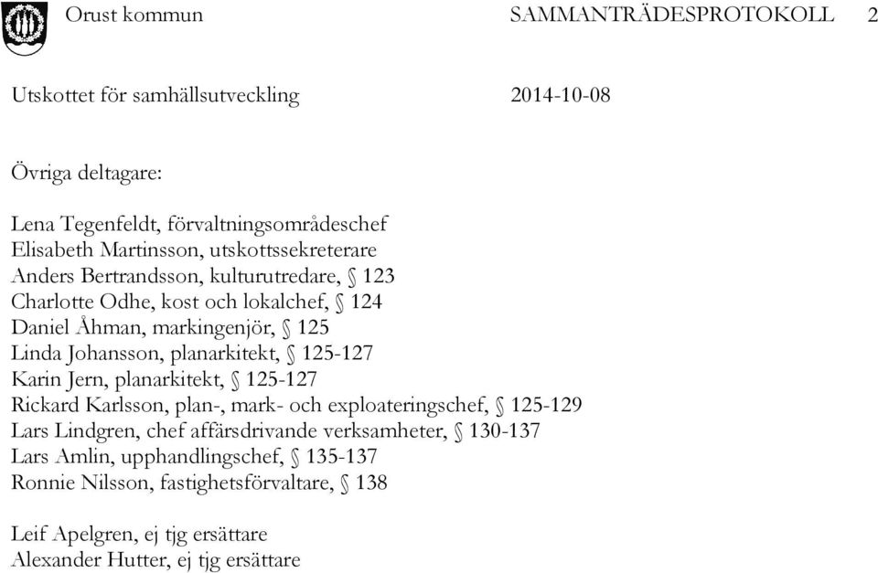 Jern, planarkitekt, 125-127 Rickard Karlsson, plan-, mark- och exploateringschef, 125-129 Lars Lindgren, chef affärsdrivande verksamheter,