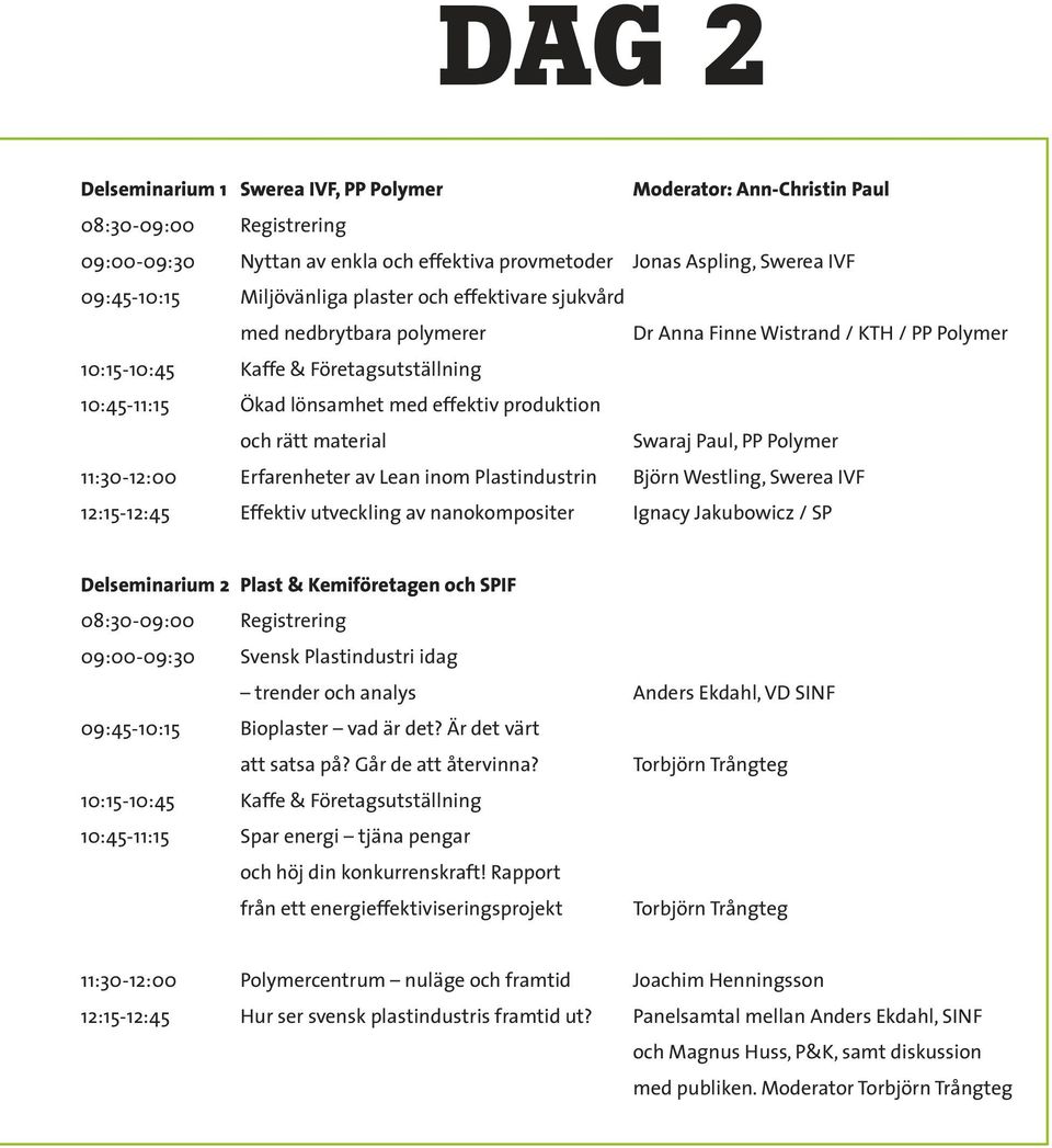 produktion och rätt material Swaraj Paul, PP Polymer 11:30-12:00 Erfarenheter av Lean inom Plastindustrin Björn Westling, Swerea IVF 12:15-12:45 Effektiv utveckling av nanokompositer Ignacy