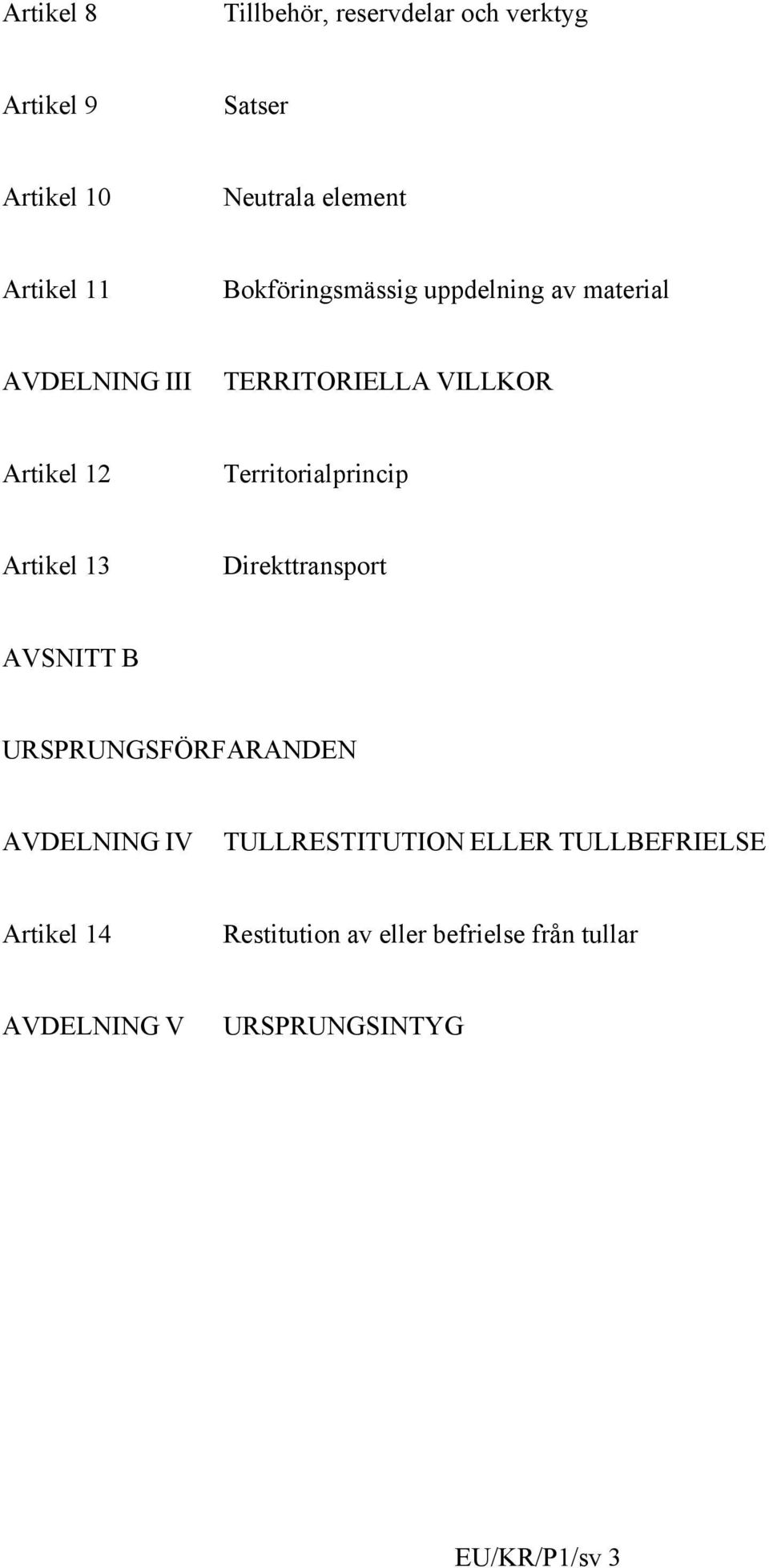 Territorialprincip Artikel 13 Direkttransport AVSNITT B URSPRUNGSFÖRFARANDEN AVDELNING IV