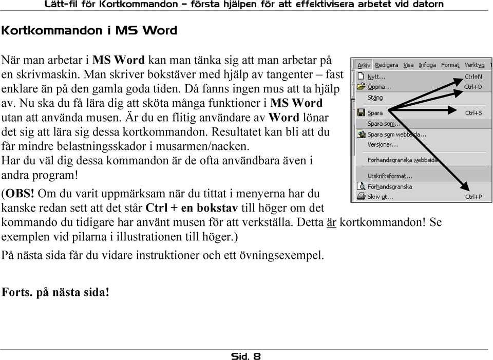 Resultatet kan bli att du får mindre belastningsskador i musarmen/nacken. Har du väl dig dessa kommandon är de ofta användbara även i andra program! (OBS!