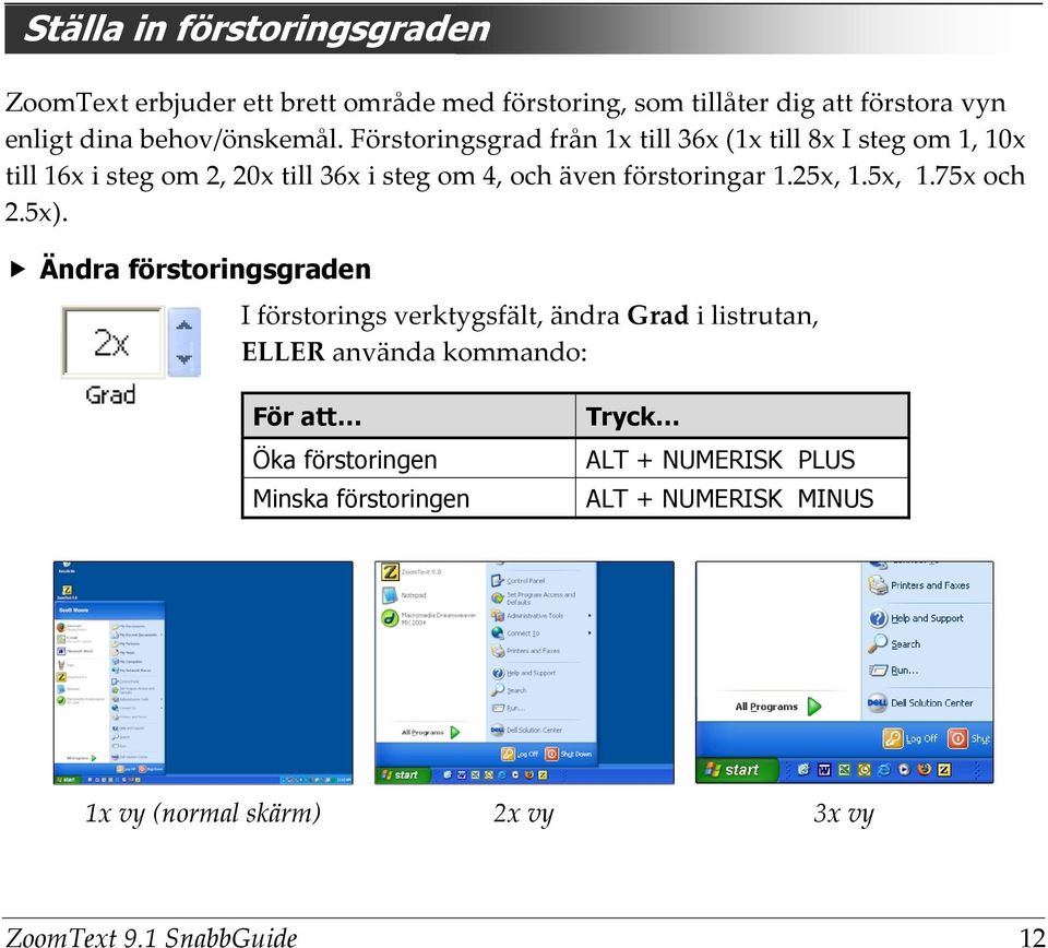 Förstoringsgrad från 1x till 36x (1x till 8x I steg om 1, 10x till 16x i steg om 2, 20x till 36x i steg om 4, och även förstoringar 1.