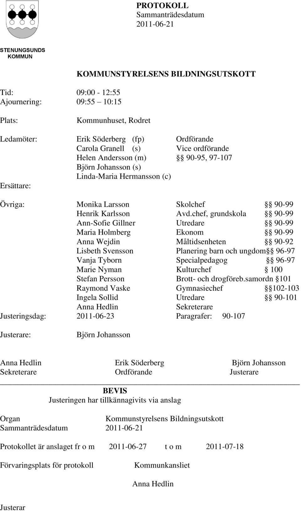 chef, grundskola 90-99 Ann-Sofie Gillner Utredare 90-99 Maria Holmberg Ekonom 90-99 Anna Wejdin Måltidsenheten 90-92 Lisbeth Svensson Planering barn och ungdom 96-97 Vanja Tyborn Specialpedagog 96-97