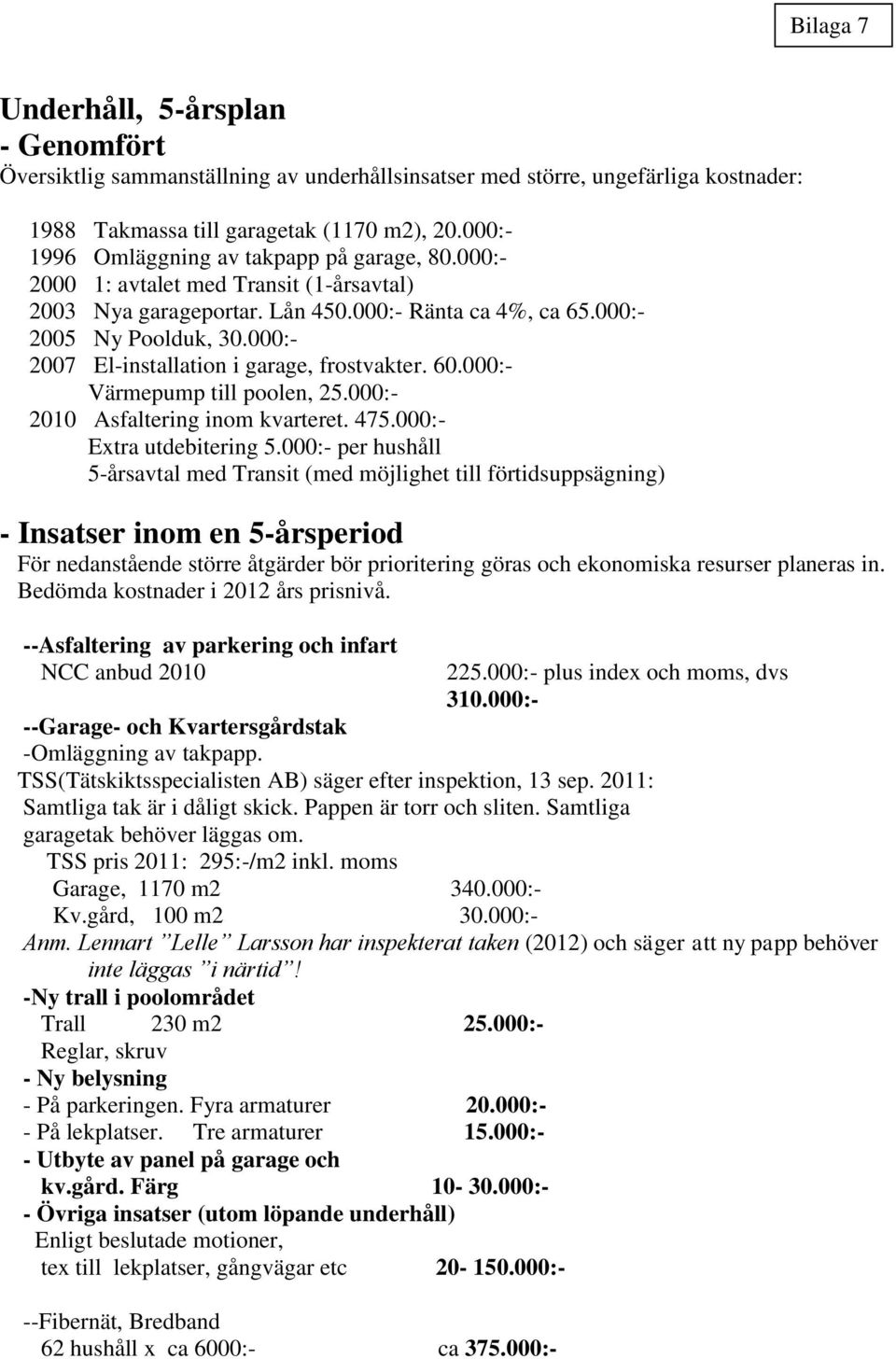 000:- 2007 El-installation i garage, frostvakter. 60.000:- Värmepump till poolen, 25.000:- 2010 Asfaltering inom kvarteret. 475.000:- Extra utdebitering 5.