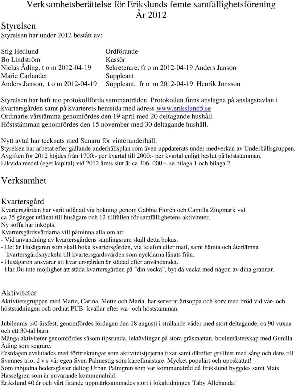 Protokollen finns anslagna på anslagstavlan i kvartersgården samt på kvarterets hemsida med adress www.erikslund5.se Ordinarie vårstämma genomfördes den 19 april med 20 deltagande hushåll.