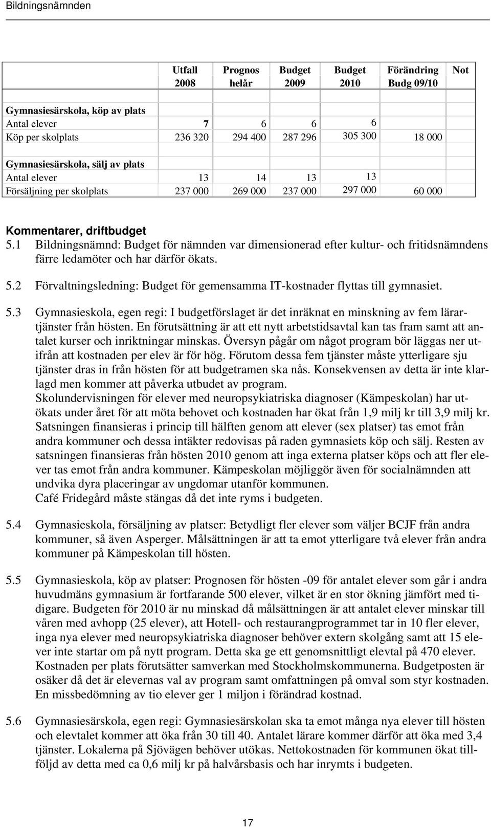 1 Bildningsnämnd: Budget för nämnden var dimensionerad efter kultur- och fritidsnämndens färre ledamöter och har därför ökats. 5.