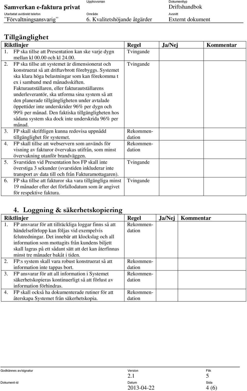 FP skall också ha dokumenterade rutiner för att återskapa Systemet från säkerhetskopia. 1. FP ska tillse att Presentation kan ske varje dygn mellan kl 00.00 och kl 24