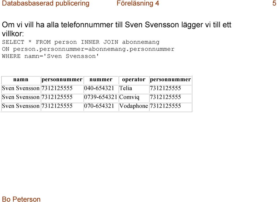 personnummer WHERE namn='sven Svensson' namn personnummer nummer operator personnummer Sven Svensson 7312125555