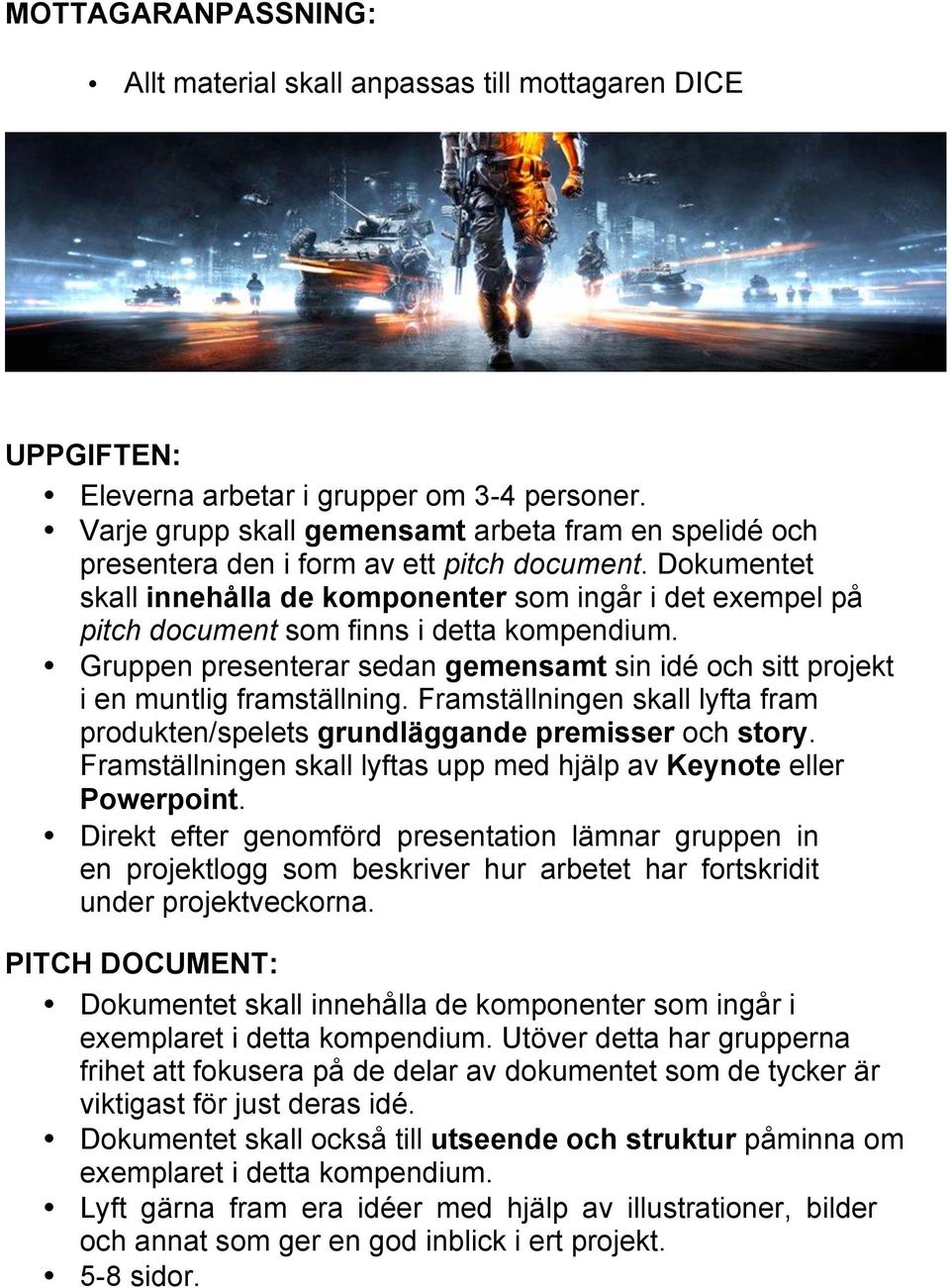 Dokumentet skall innehålla de komponenter som ingår i det exempel på pitch document som finns i detta kompendium.