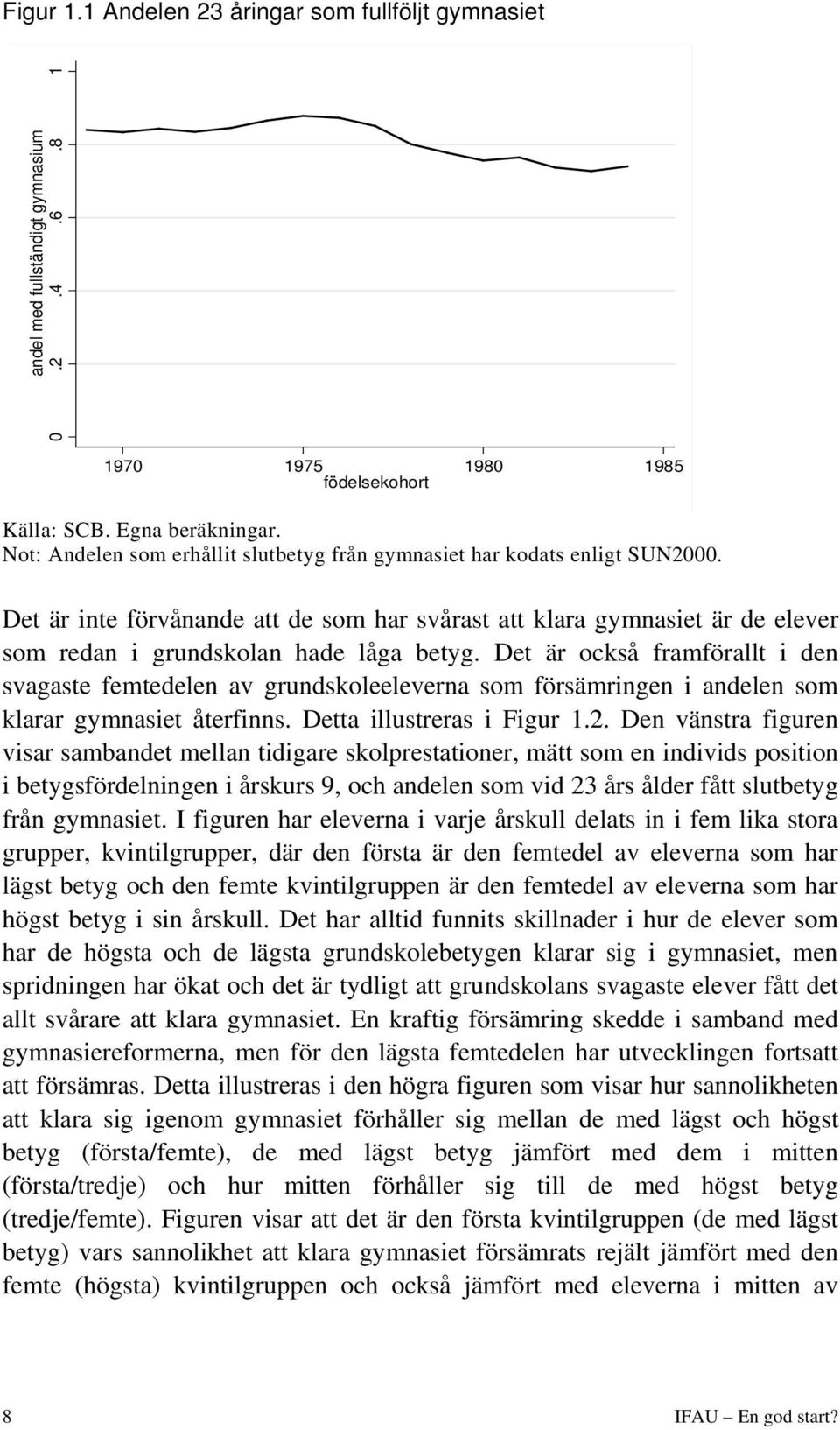 Det är också framförallt i den svagaste femtedelen av grundskoleeleverna som försämringen i andelen som klarar gymnasiet återfinns. Detta illustreras i Figur 1.2.