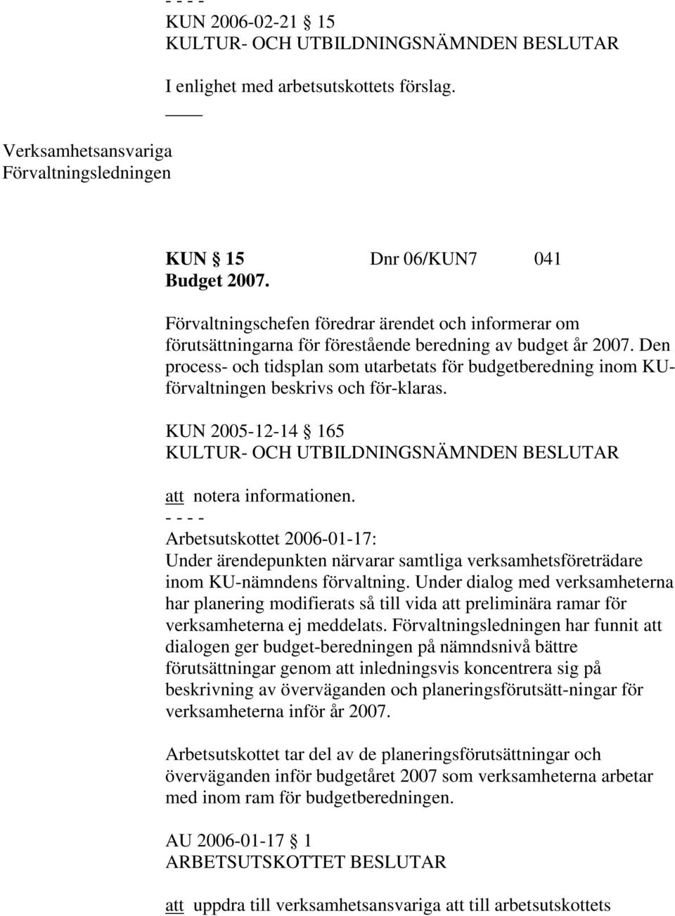 Den process- och tidsplan som utarbetats för budgetberedning inom KUförvaltningen beskrivs och för-klaras. KUN 2005-12-14 165 att notera informationen.