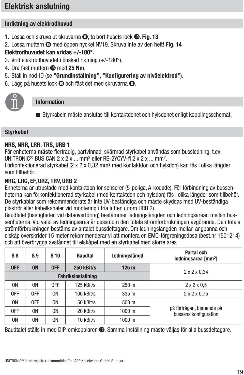 Lägg på husets lock 0 och fäst det med skruvarna 8. Information Styrkabeln måste anslutas till kontaktdonet och hylsdonet enligt kopplingsschemat.