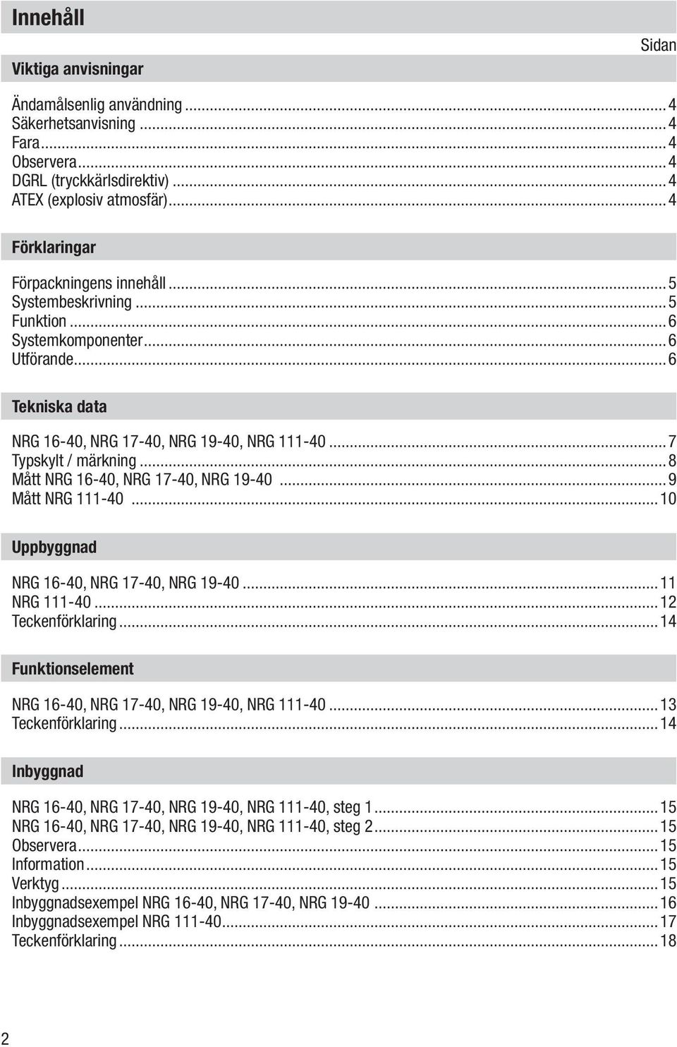 ..8 Mått NRG 16-40, NRG 17-40, NRG 19-40...9 Mått NRG 111-40...10 Uppbyggnad NRG 16-40, NRG 17-40, NRG 19-40...11 NRG 111-40...12 Teckenförklaring.