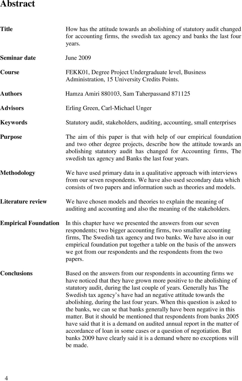 Authors Hamza Amiri 880103, Sam Taherpassand 871125 Advisors Keywords Purpose Methodology Literature review Erling Green, Carl-Michael Unger Statutory audit, stakeholders, auditing, accounting, small