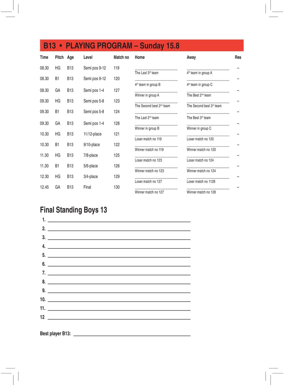 30 HG B13 Semi pos 5-8 123 The Second best 2 nd team The Second best 3 rd team 09.30 B1 B13 Semi pos 5-8 124 The Last 2 nd team The Best 3 rd team 09.