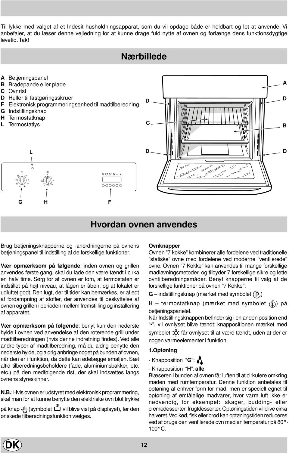 Nærbillede A Betjeningspanel B Bradepande eller plade C Ovnrist D Huller til fastgøringsskruer F Elektronisk programmeringsenhed til madtilberedning G Indstillingsknap H Termostatknap L Termostatlys
