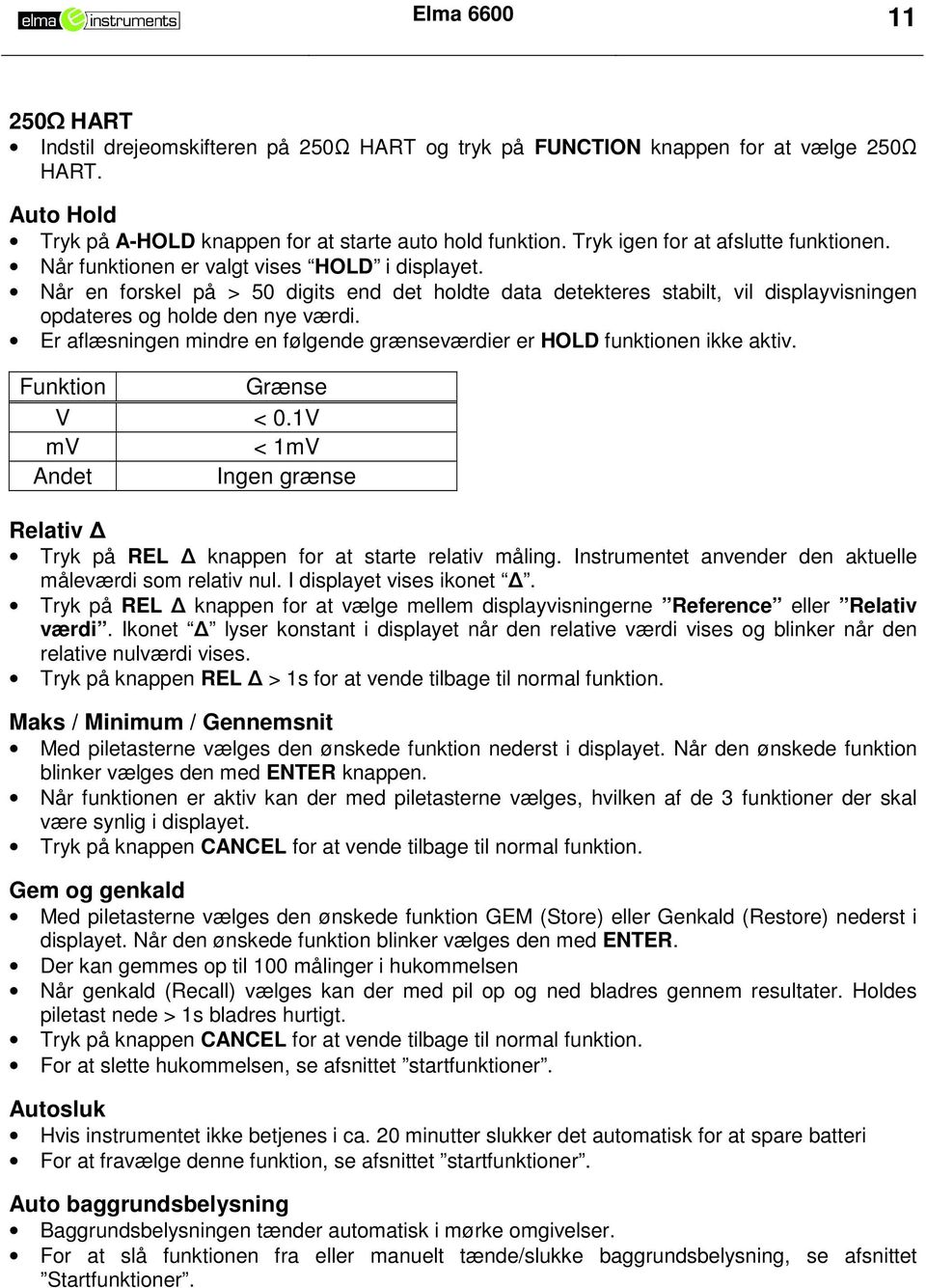 Når en forskel på > 50 digits end det holdte data detekteres stabilt, vil displayvisningen opdateres og holde den nye værdi.