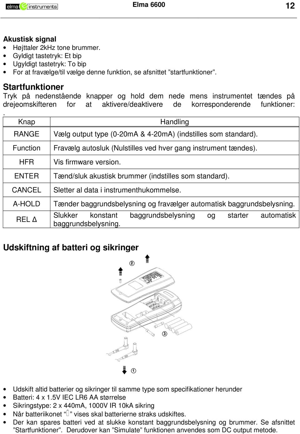 Knap Handling RANGE Vælg output type (0-20mA & 4-20mA) (indstilles som standard). Function HFR ENTER CANCEL A-HOLD REL Fravælg autosluk (Nulstilles ved hver gang instrument tændes).