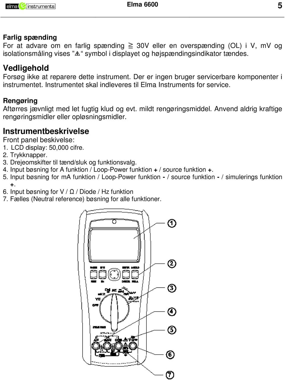 Rengøring Aftørres jævnligt med let fugtig klud og evt. mildt rengøringsmiddel. Anvend aldrig kraftige rengøringsmidler eller opløsningsmidler. Instrumentbeskrivelse Front panel beskivelse: 1.