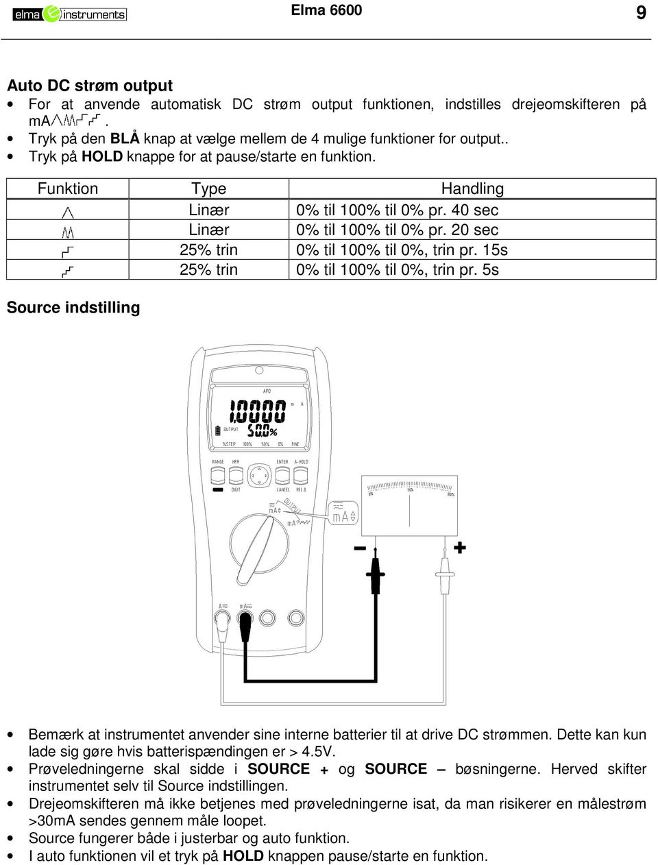 15s 25% trin 0% til 100% til 0%, trin pr. 5s Source indstilling Bemærk at instrumentet anvender sine interne batterier til at drive DC strømmen.