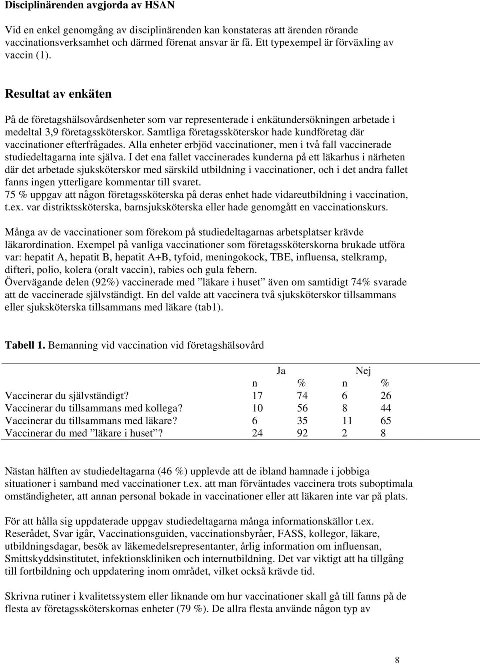 Samtliga företagssköterskor hade kundföretag där vaccinationer efterfrågades. Alla enheter erbjöd vaccinationer, men i två fall vaccinerade studiedeltagarna inte själva.