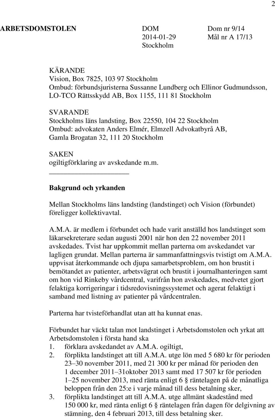 ogiltigförklaring av avskedande m.m. Bakgrund och yrkanden Mellan Stockholms läns landsting (landstinget) och Vision (förbundet) föreligger kollektivavtal. A.
