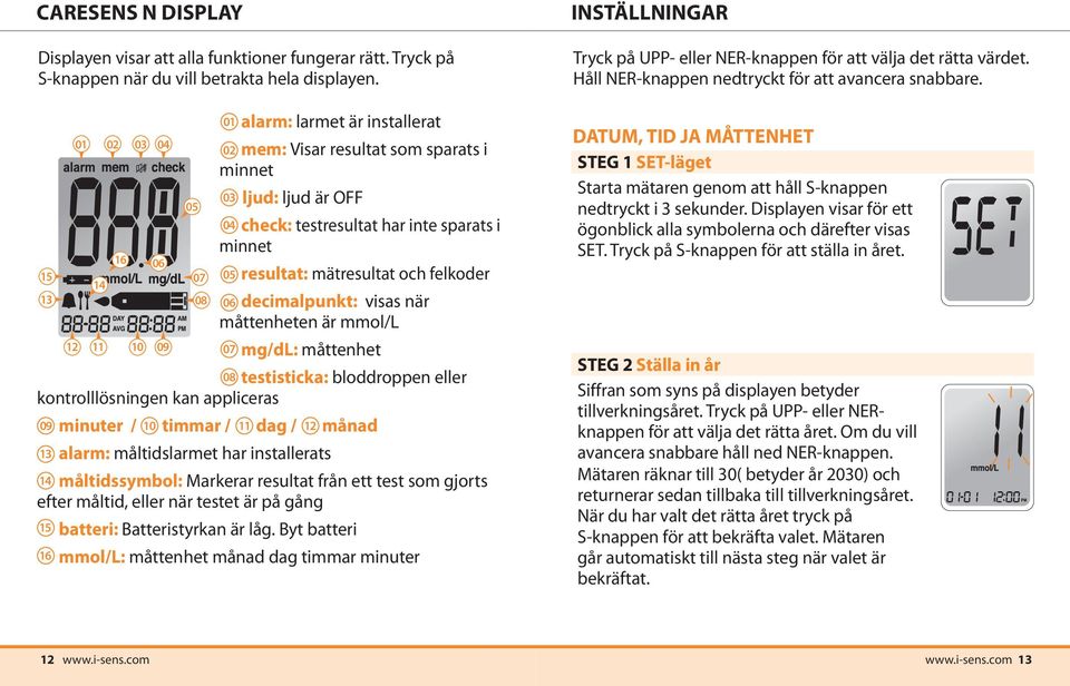 mätresultat och felkoder 06 decimalpunkt: visas när måttenheten är mmol/l 12 11 10 09 07 mg/dl: måttenhet 08 testisticka: bloddroppen eller kontrolllösningen kan appliceras 09 minuter / 10 timmar /