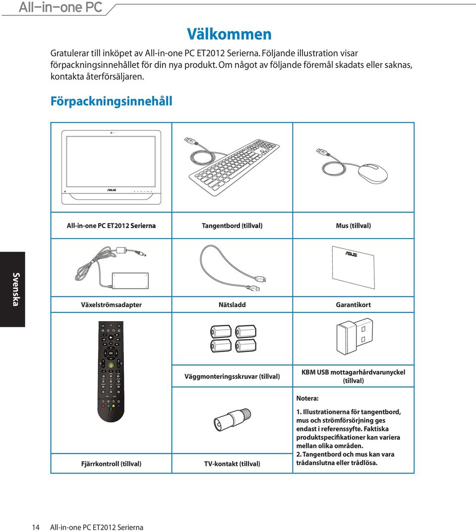 Förpackningsinnehåll All-in-one PC ET2012 Serierna Tangentbord (tillval) Mus (tillval) Växelströmsadapter Nätsladd Garantikort Väggmonteringsskruvar (tillval) KBM USB