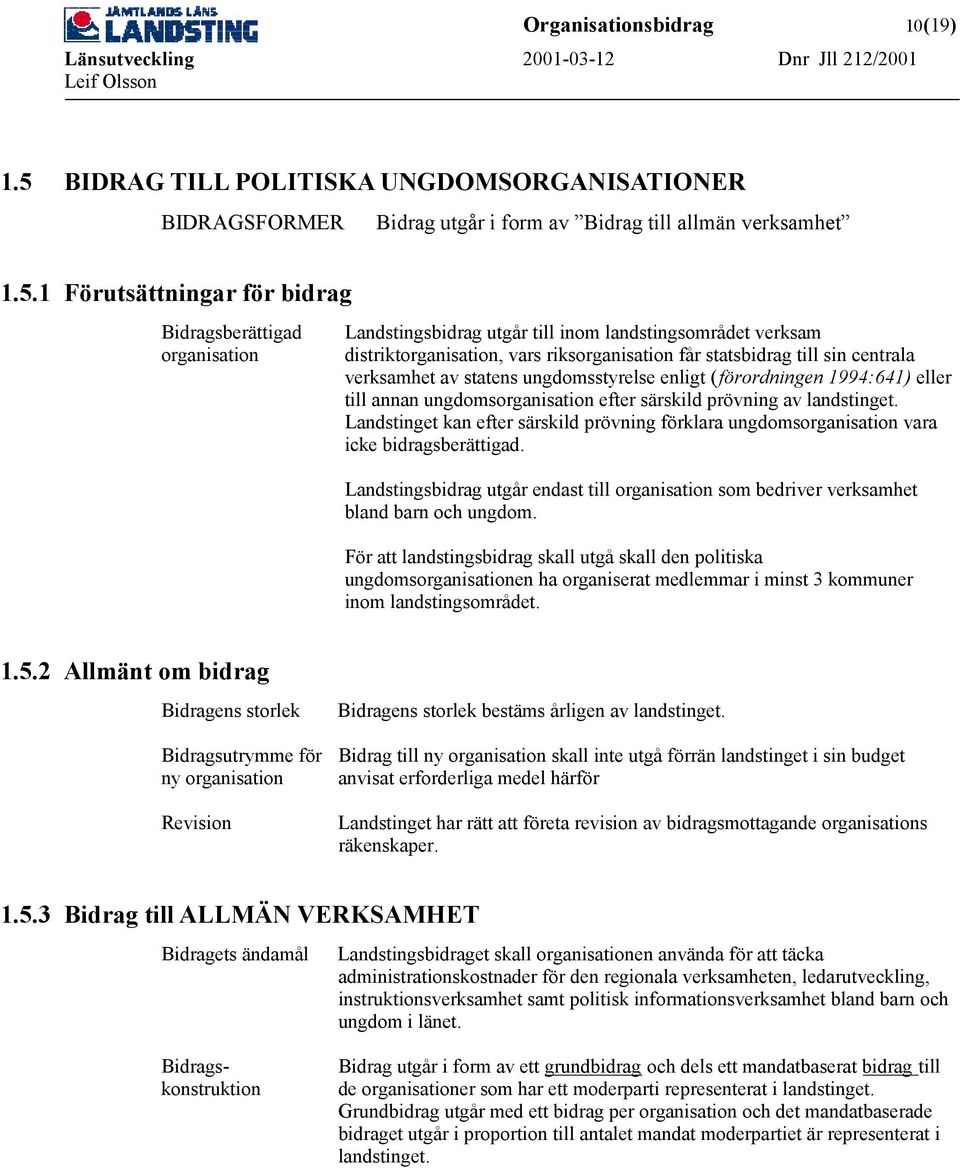 1 Förutsättningar för bidrag Bidragsberättigad organisation Landstingsbidrag utgår till inom landstingsområdet verksam distriktorganisation, vars riksorganisation får statsbidrag till sin centrala