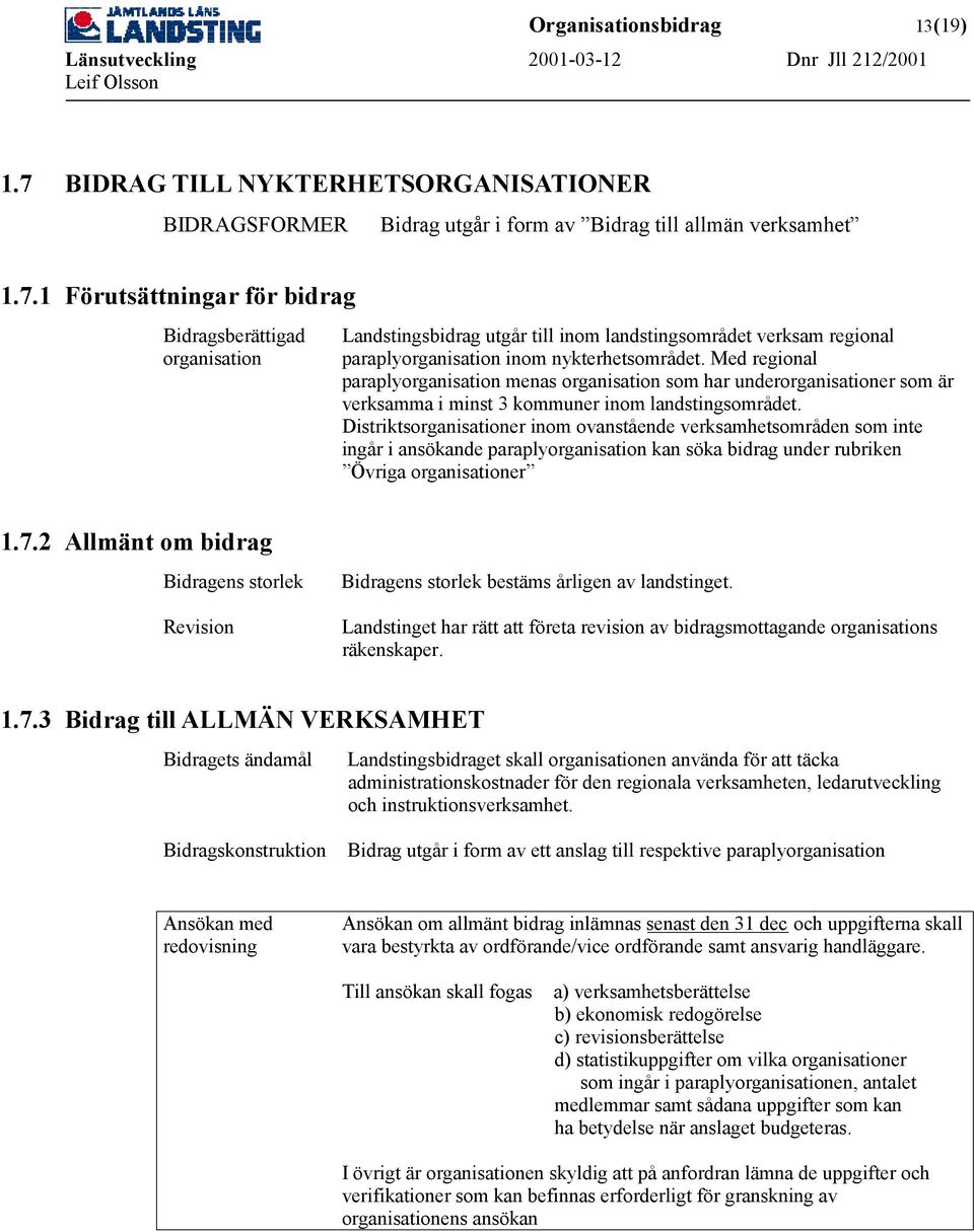 1 Förutsättningar för bidrag Bidragsberättigad organisation Landstingsbidrag utgår till inom landstingsområdet verksam regional paraplyorganisation inom nykterhetsområdet.